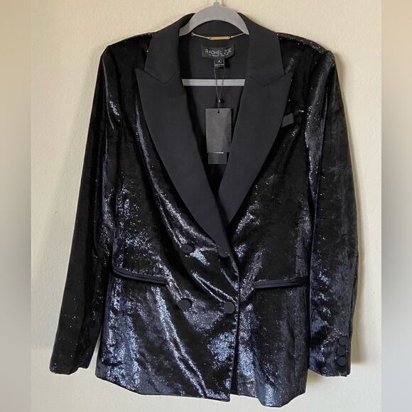 NWT Rachel Zoe Velvet Black Blazer Shimmer Double Breasted Size M - Picture 6 of 11